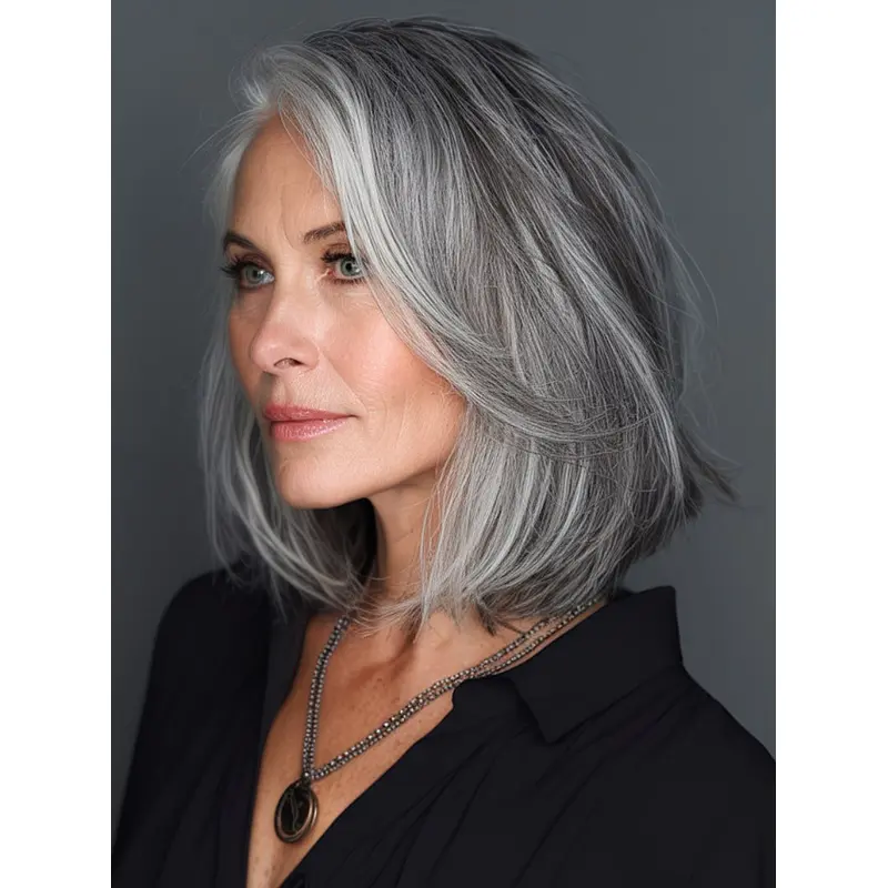 Grey Balayage Wig 12" Straight Bobs Remy Human Hair Wigs