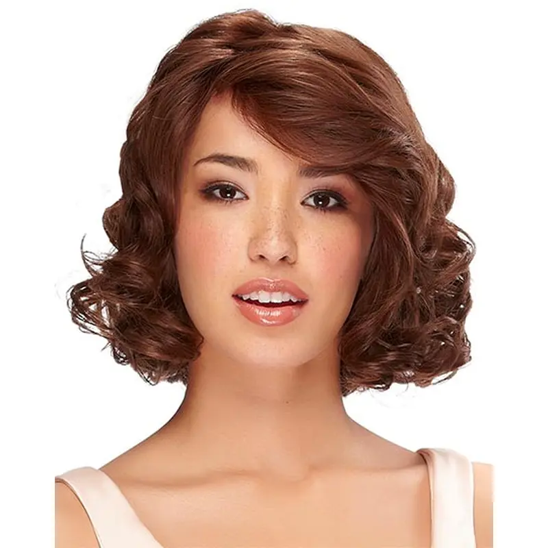Polite Remy Human Hair Auburn Curly Medium Wigs