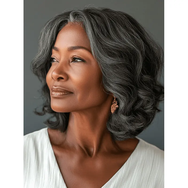 African American Salt And Pepper Wigs Layered Chin Length Wavy Wigs