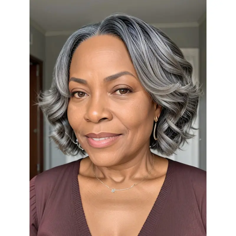 Salt And Pepper Human Hair Wigs For African American Chin Length Wavy Bobs Wigs