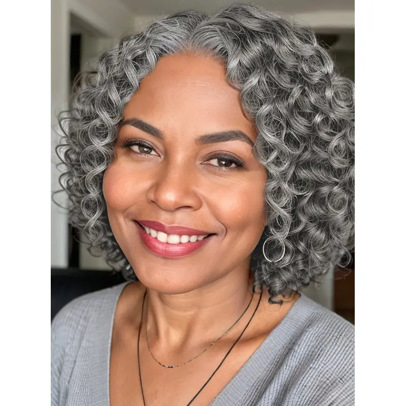 Salt And Pepper Wigs For African American Synthetic 10" Chin Length Curly Wigs