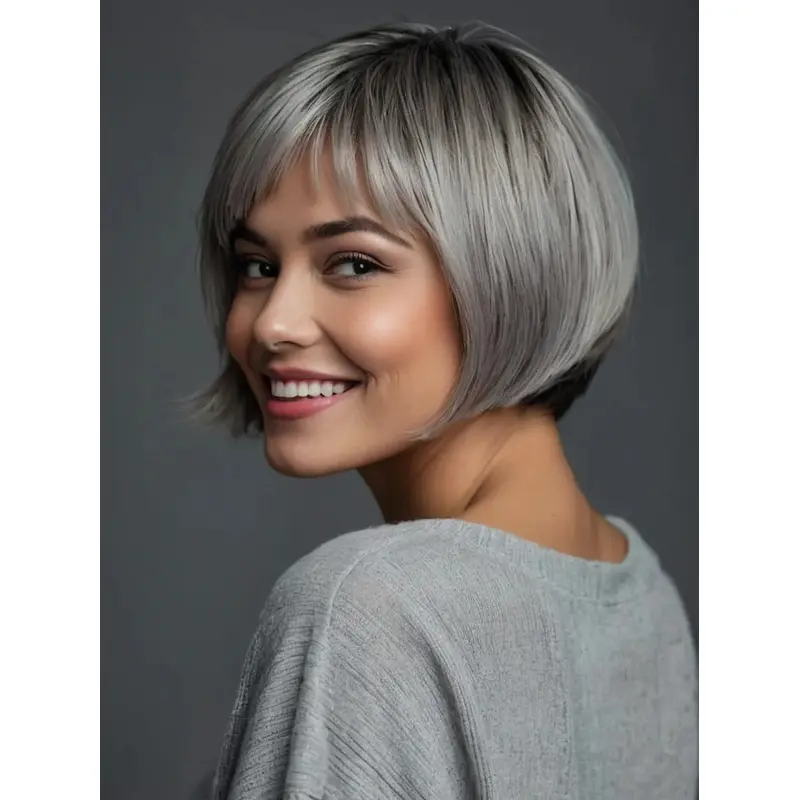 Wigs Grey 10" Bobs Monofilament Synthetic Straight Chin Length Wigs