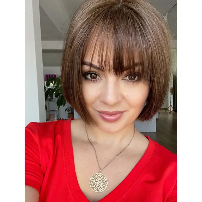 10" Chin Length Straight Brown Fashion Hand-Tied Wigs