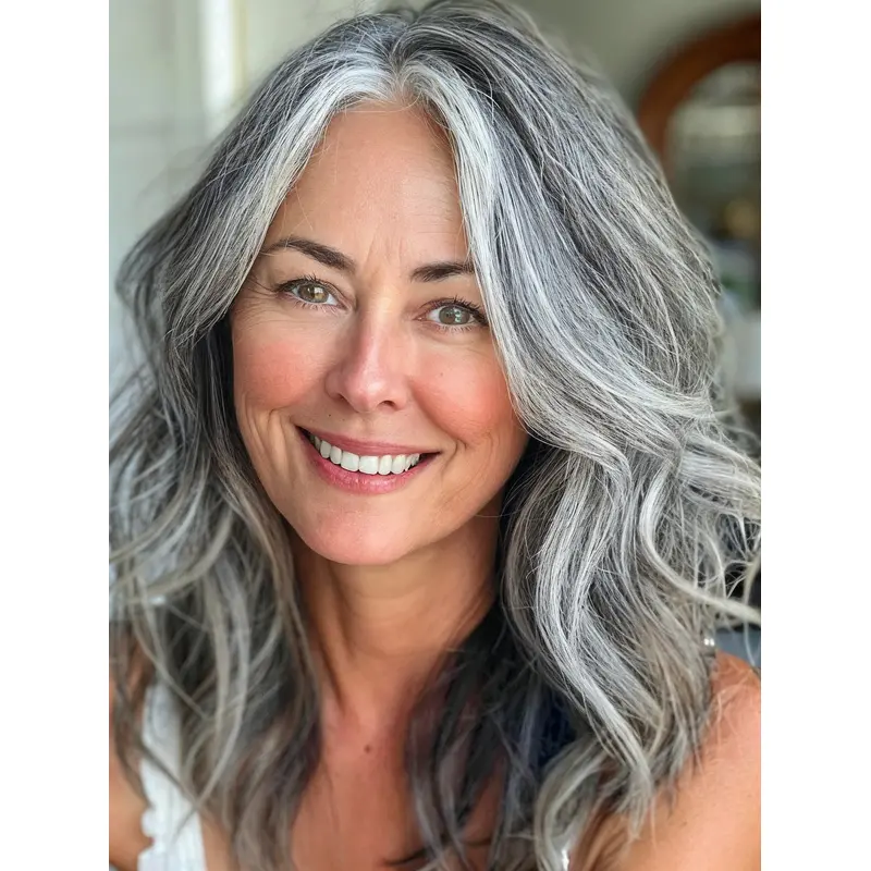 Grey Hairstyles For Women 16" Layered Wavy Remy Human Hair Wigs