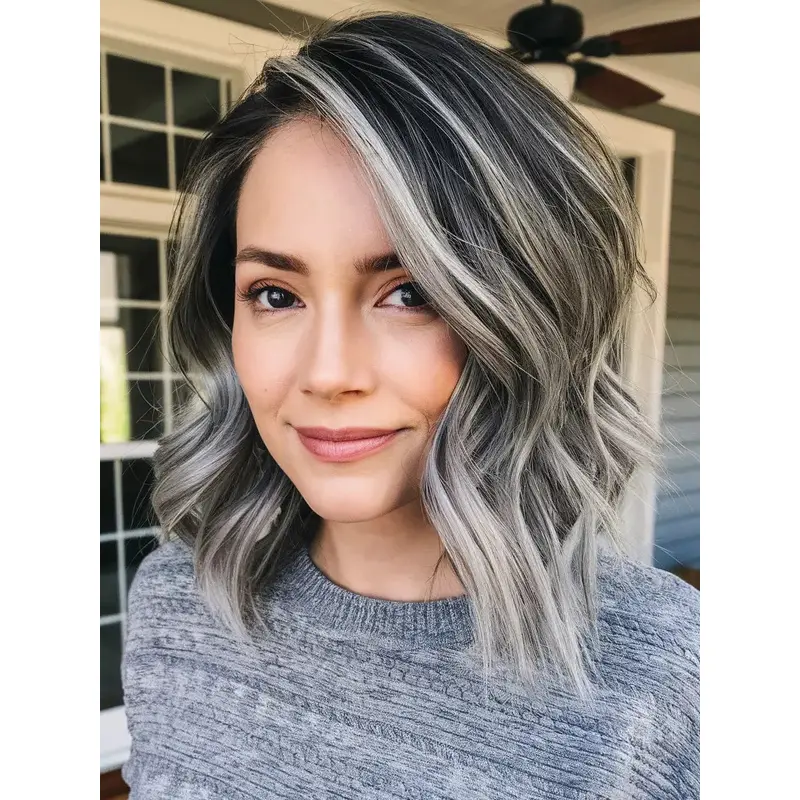 Medium Length Grey Hairstyles Wig 14" Wavy Layered Remy Human Hair Wigs