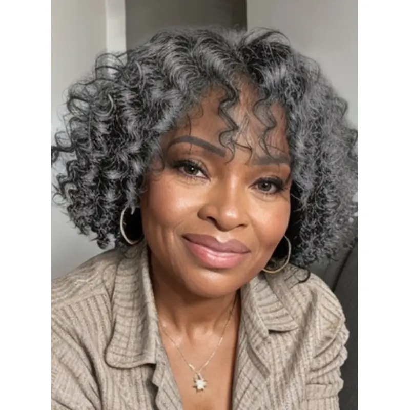 Salt And Pepper African American Wigs Chin Length Curly Layered Wigs