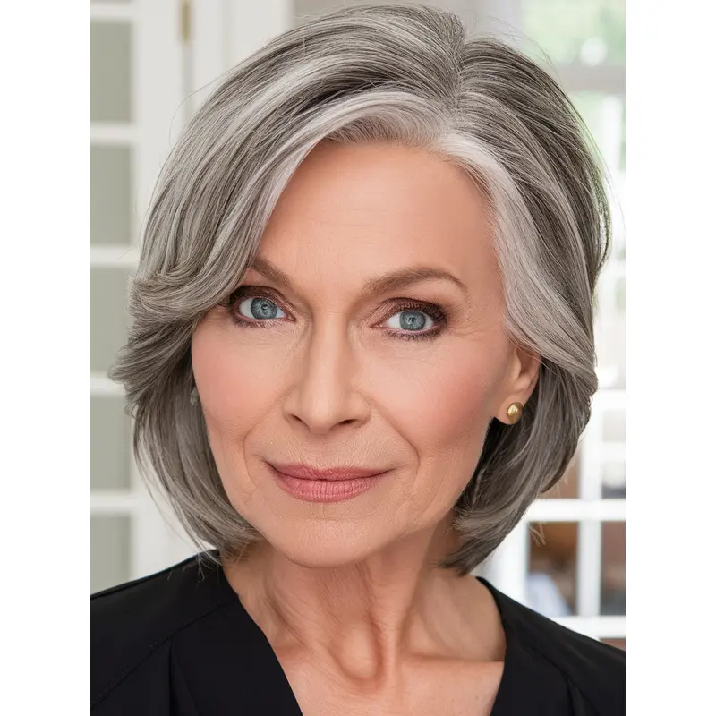 Dark Grey Wig 10" Lace Front Remy Human Hair Bobs Chin Length Straight Wigs