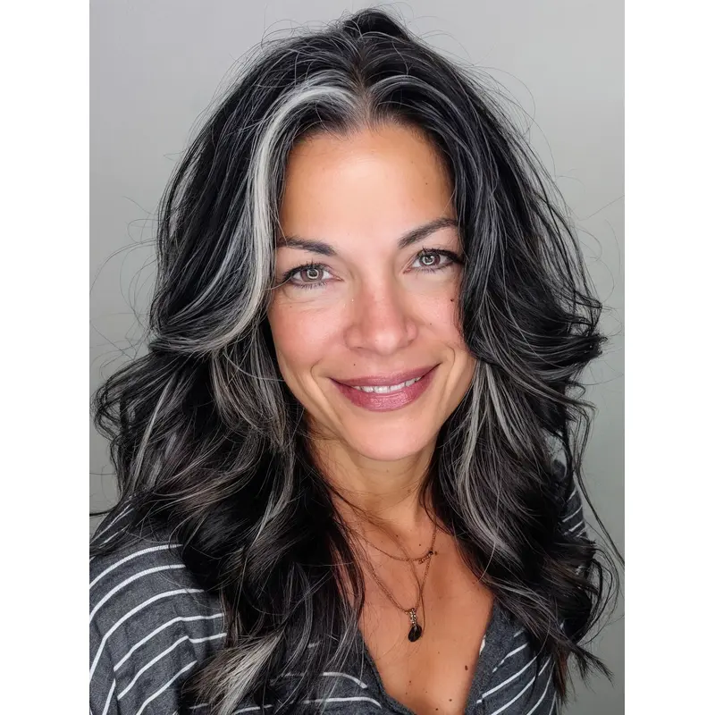 Long Black And Grey Wigs 16" Layered Wavy Synthetic Wigs