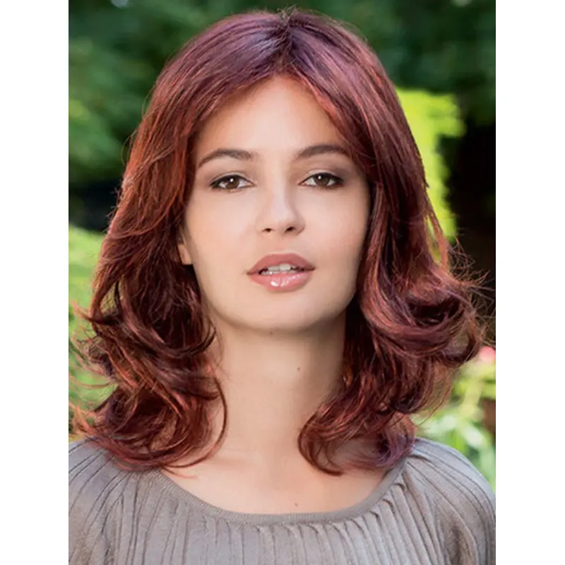 Mature Auburn Wavy Shoulder Length Human Hair Wigs