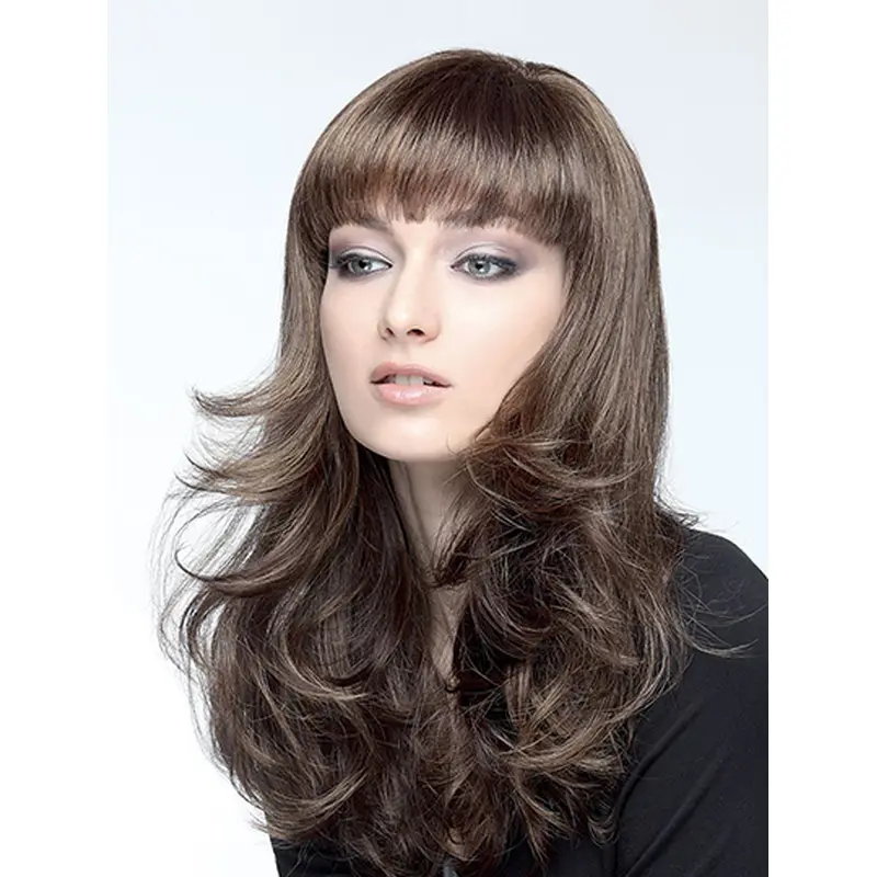 Wavy Capless Brown With Bangs Synthetic Long Hair Wig