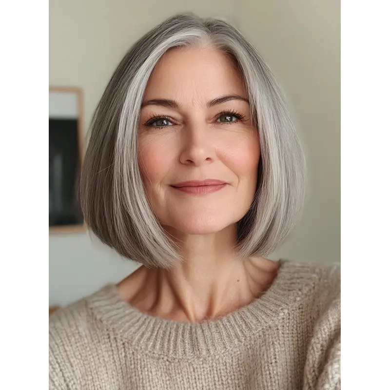 Grey Hair Bob Wig Lace Front 10" Straight Remy Human Hair Wigs