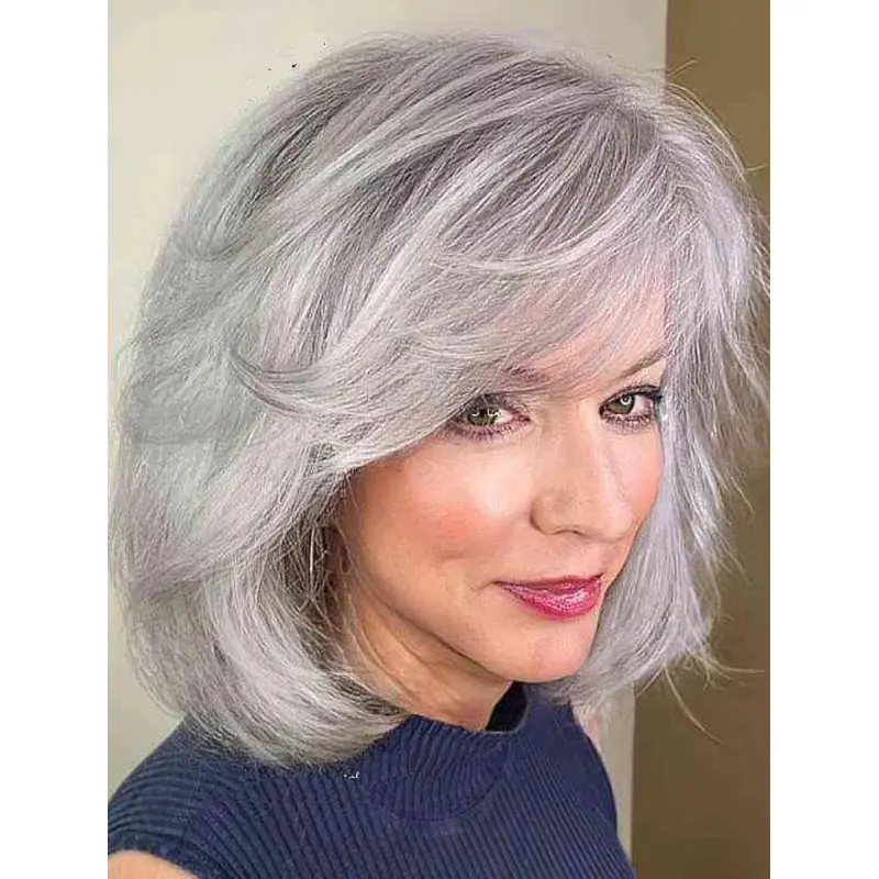 Grey Wig Beautiful Synthetic Wigs Wavy Shoulder Length Lace Front Wigs