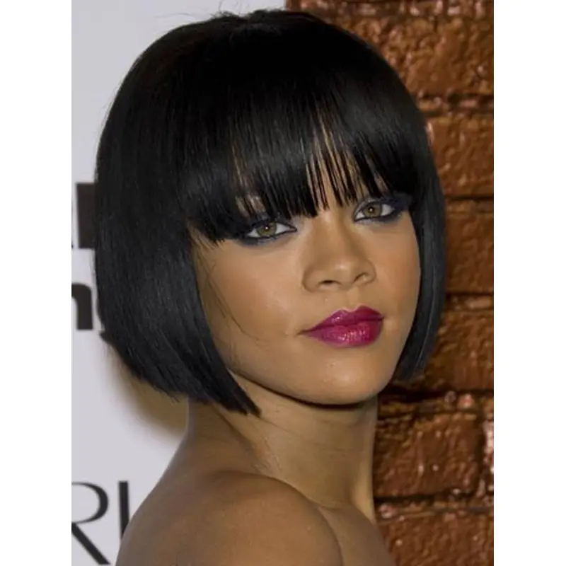 Rihanna Compact 100% Human Remy Hair Short Straight Lace Wig with Bangs