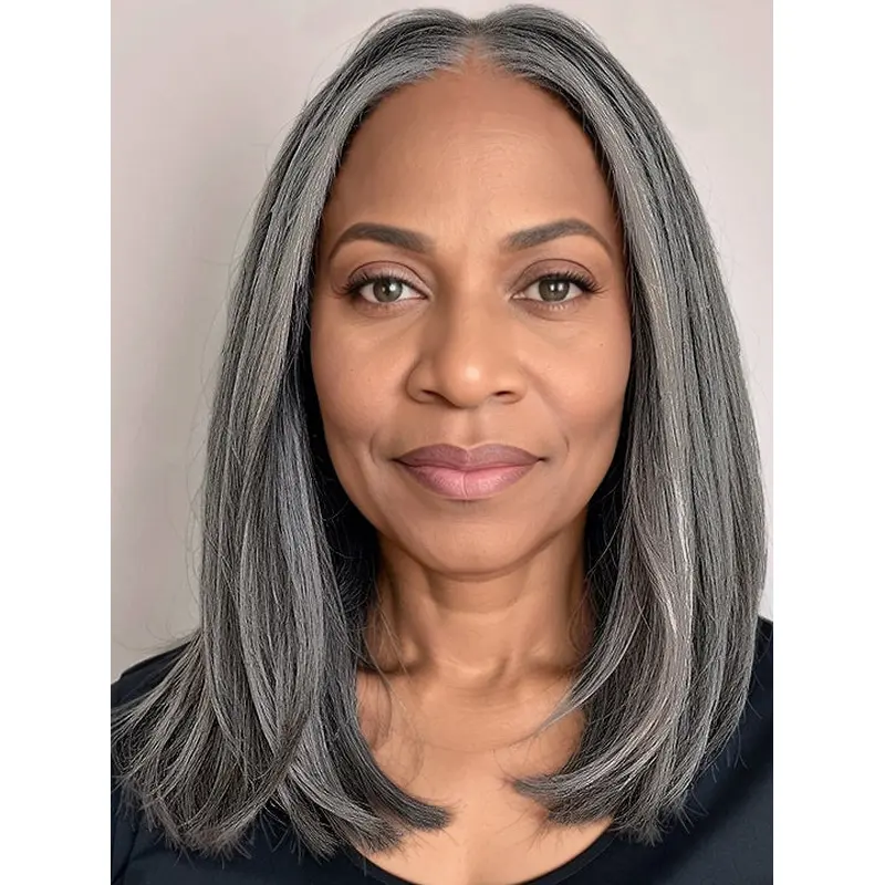 Salt And Pepper African American Wigs Shoulder Length Straight Bobs Wigs