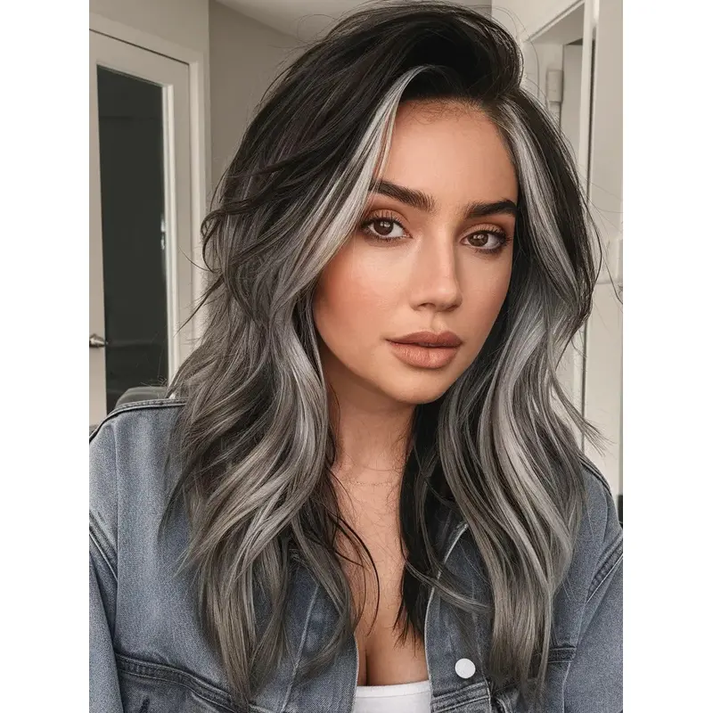 Salt And Pepper Grey Wigs Remy Human Hair Monofilament 18" Wavy Wigs