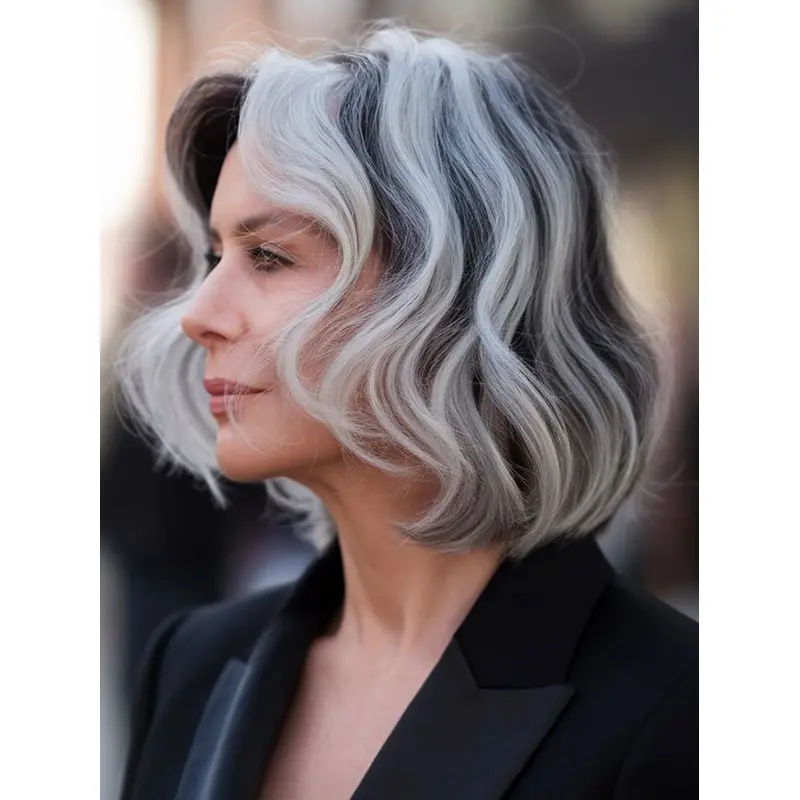 Bob Grey Hairstyles Wig Lace Front 12" Wavy Remy Human Hair Wigs
