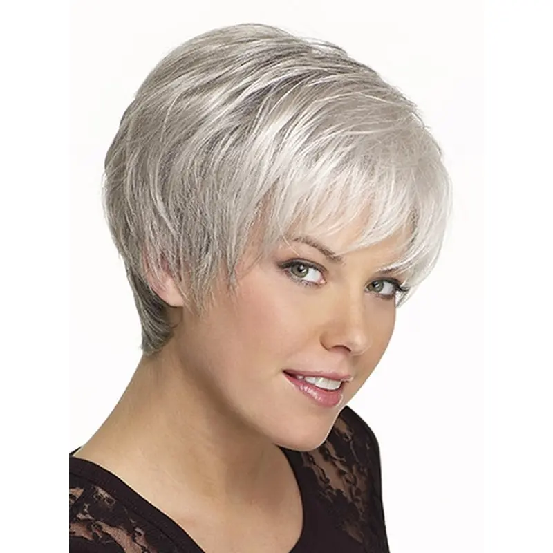 Gentle Straight Cropped Synthetic Grey Wigs