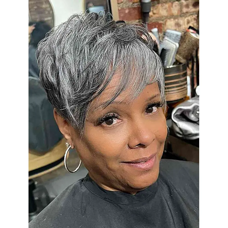 Short Salt And Pepper Wigs For African American Layered Monofilament 4" Wigs