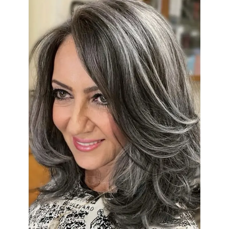 Grey Hair Salt And Pepper Wigs Layered Monofilament Synthetic Wavy Wigs