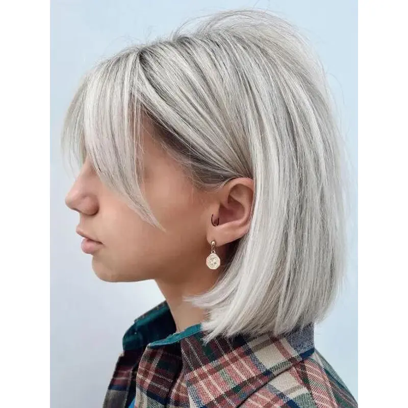 Grey Wigs Synthetic Lace Front Straight Durable Bobs Parted Bangs Wigs