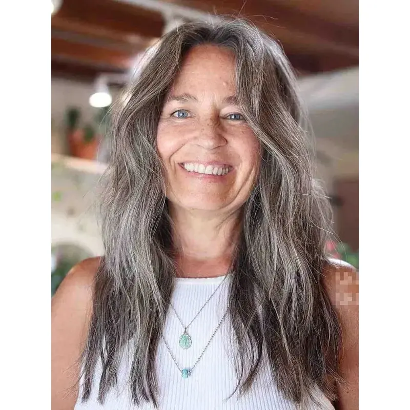 Long Gray Wigs Remy Human Hair Wavy Layered Wigs
