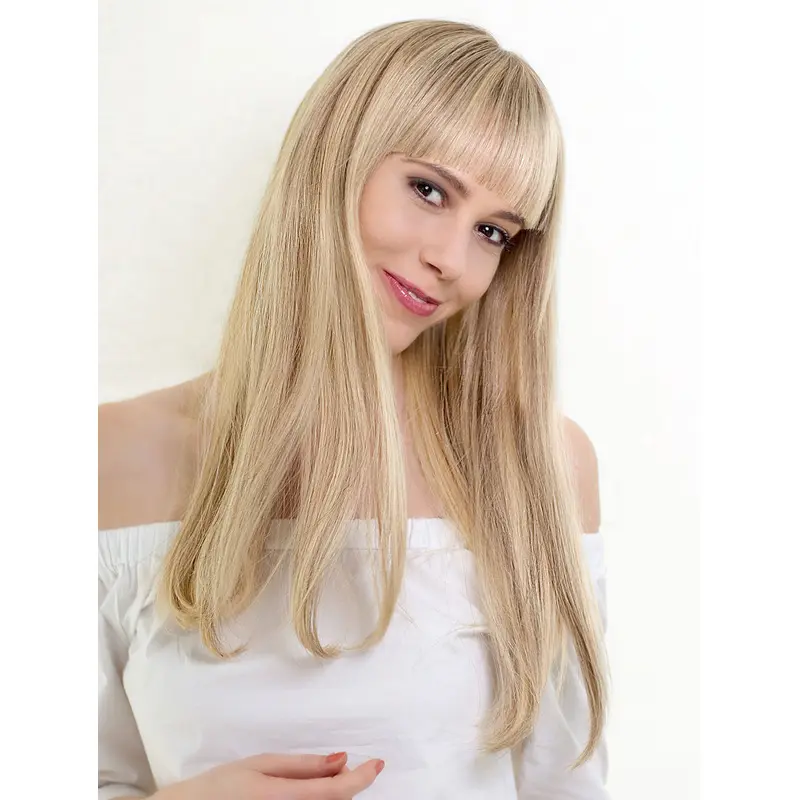 16" Long Blonde With Bangs Remy Human Hair Durable Lace Wigs