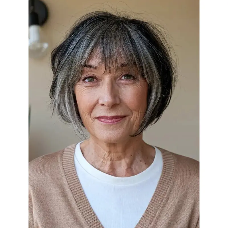 Short Bobs Wig For Grey Hair 8" Straight With Bangs Monofilament Wigs