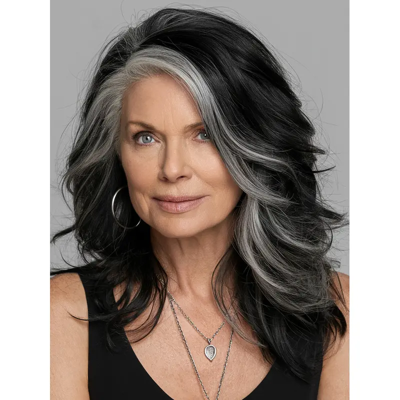 Long Grey Hairstyles Wig For Older Women Synthetic Wavy Wigs