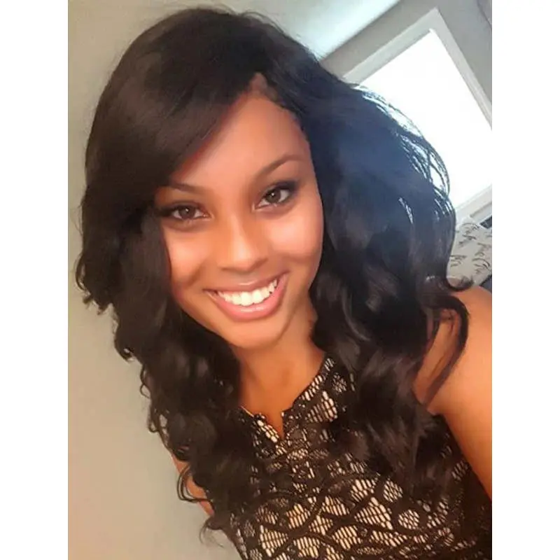 Remy Human Hair 17" With Bangs Black Wavy 360 Lace Wigs