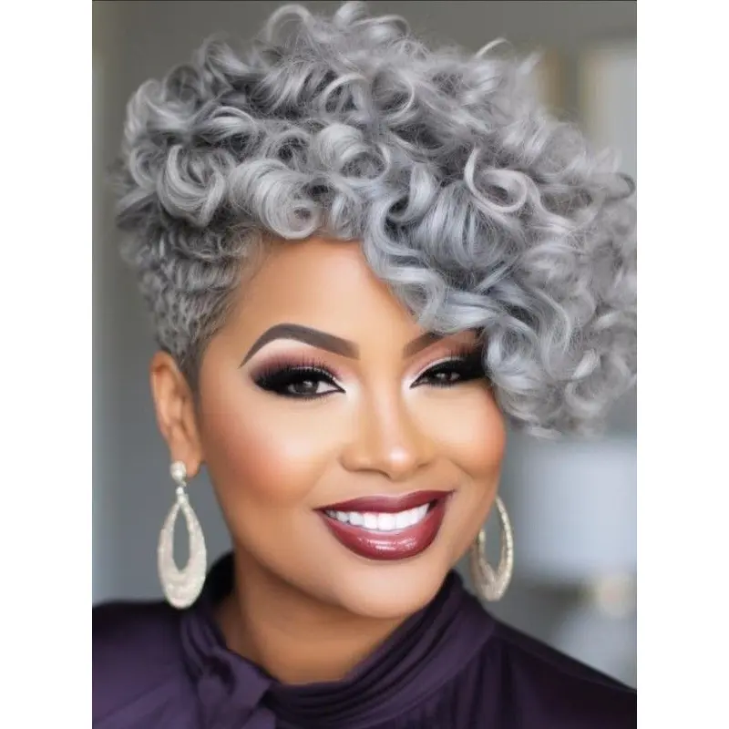Salt And Pepper African American Wigs 6" With Bangs Curly Wigs