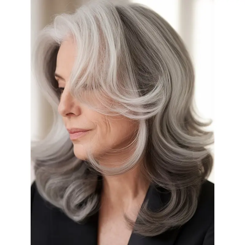 Ash Grey Hair Wig 16" Wavy Layered Lace Front Wigs