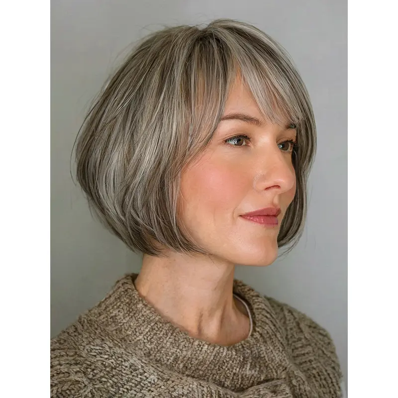 Bob Wig Grey 10" Straight With Bangs Chin Length Wigs