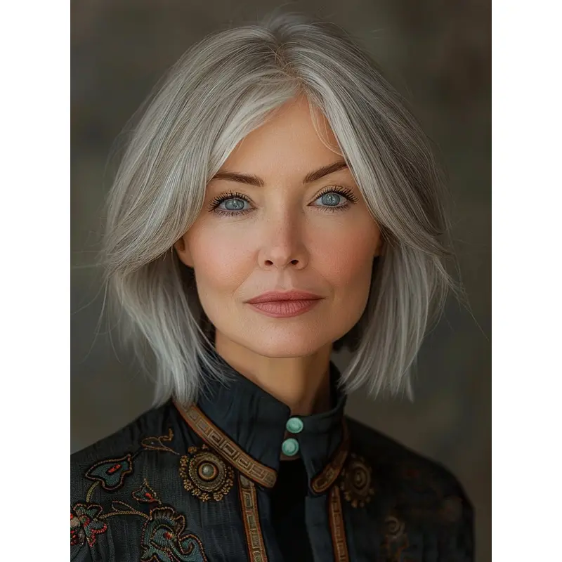 Human Hair Grey Bob Wig Layered Monofilament Chin Length Wigs