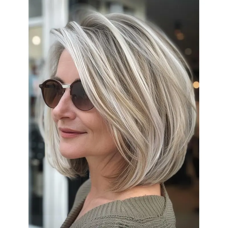 Human Hair Wigs Grey Lace Front Bobs 12" Shoulder Length Straight Wigs