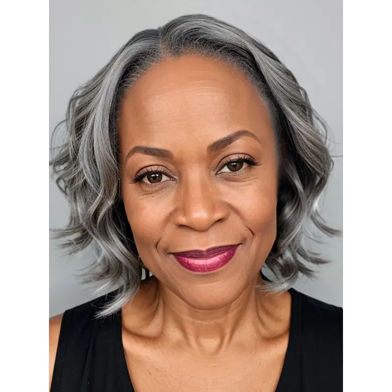 Salt And Pepper African American Wigs Chin Length Wavy Layered Wigs