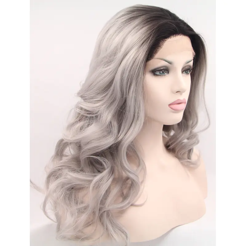 18" Curly Grey Without Bangs Synthetic Shoulder Length Lace Front Wigs