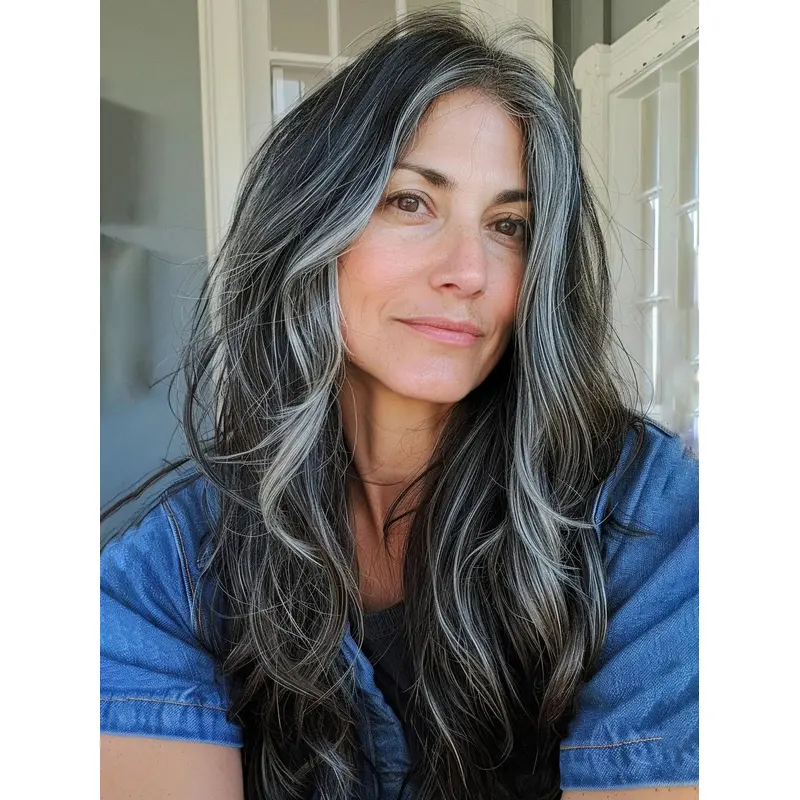 Long Grey Wigs Straight Remy Human Hair Lace Front Layered 22" Wigs