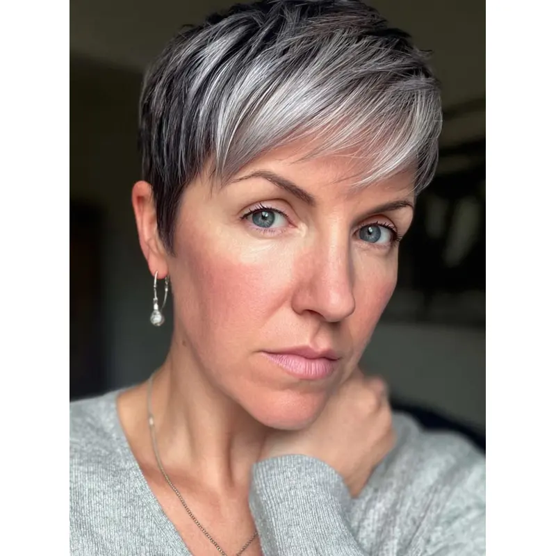 Salt And Pepper Grey Wigs With Bangs Synthetic Straight Wigs