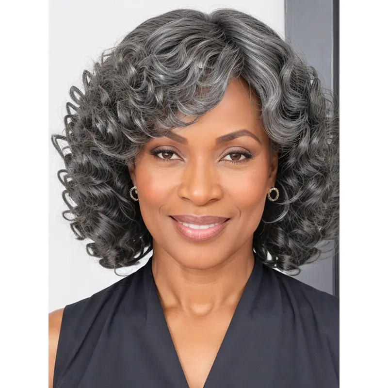 Salt And Pepper Human Hair Wigs For African American Chin Length Curly Bobs Wigs