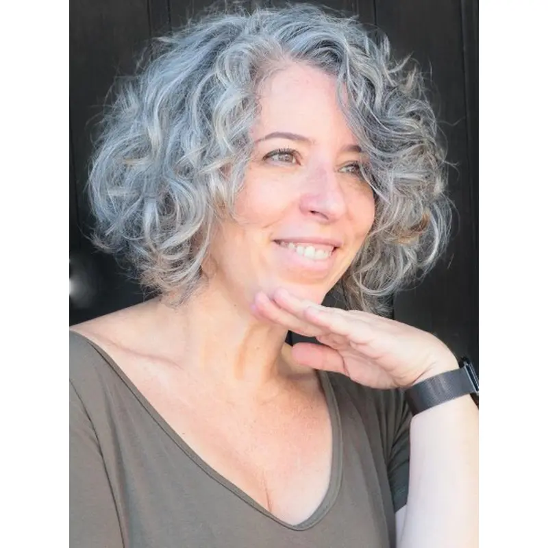 Curly Grey Wig Lace Front Remy Human Hair Bobs Chin Length 10" Wigs