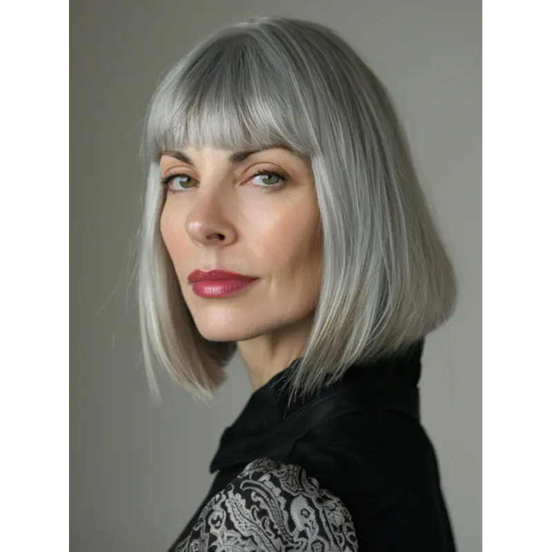 Grey Hair Wig Lace Front Straight Synthetic With Bangs Wigs