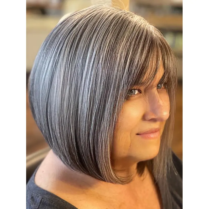 Salt And Pepper Bob Wigs With Bangs Monofilament Chin Length Wigs