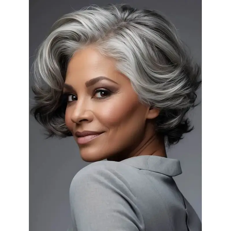 Short Salt And Pepper Human Hair Wigs For African American 8" Layered Wavy Wigs
