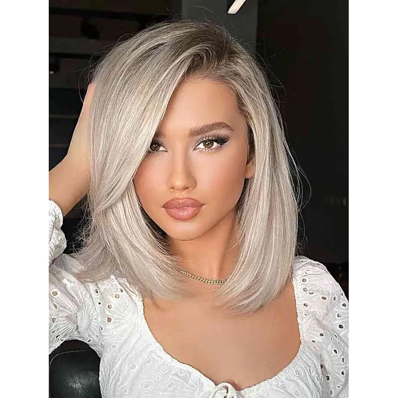 Shoulder Length Gray Wigs Synthetic Layered Wigs Lace Front Wigs