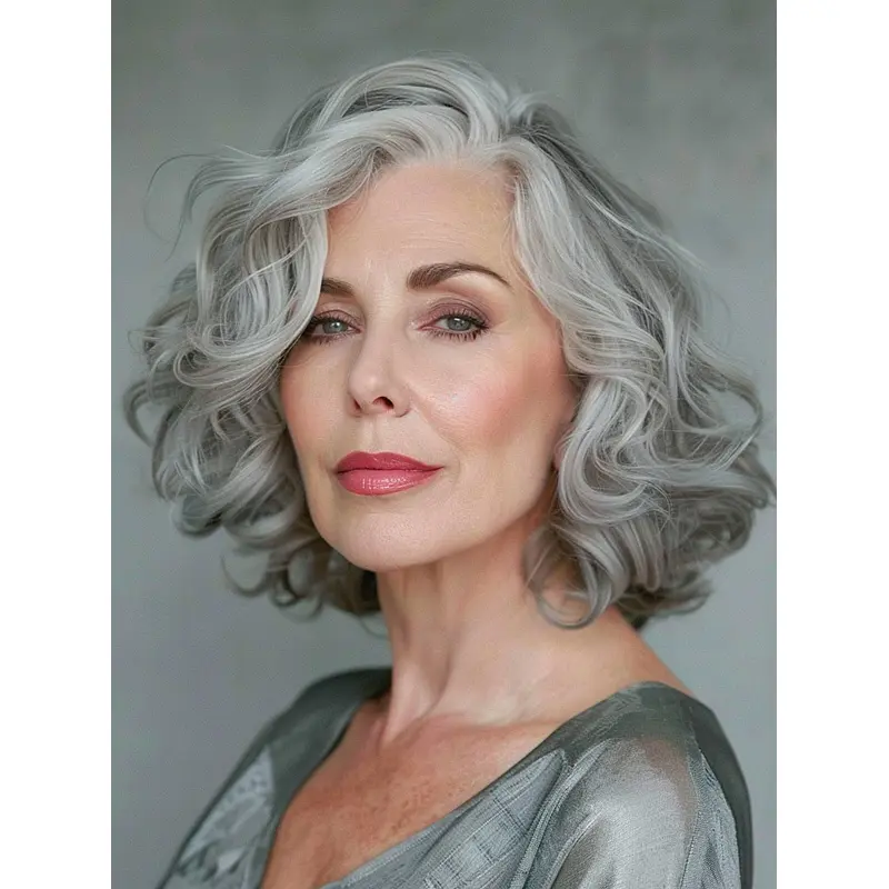 Silver Grey Real Hair Wigs Shoulder Length Without Bangs Lace Front 12" Wavy Wigs