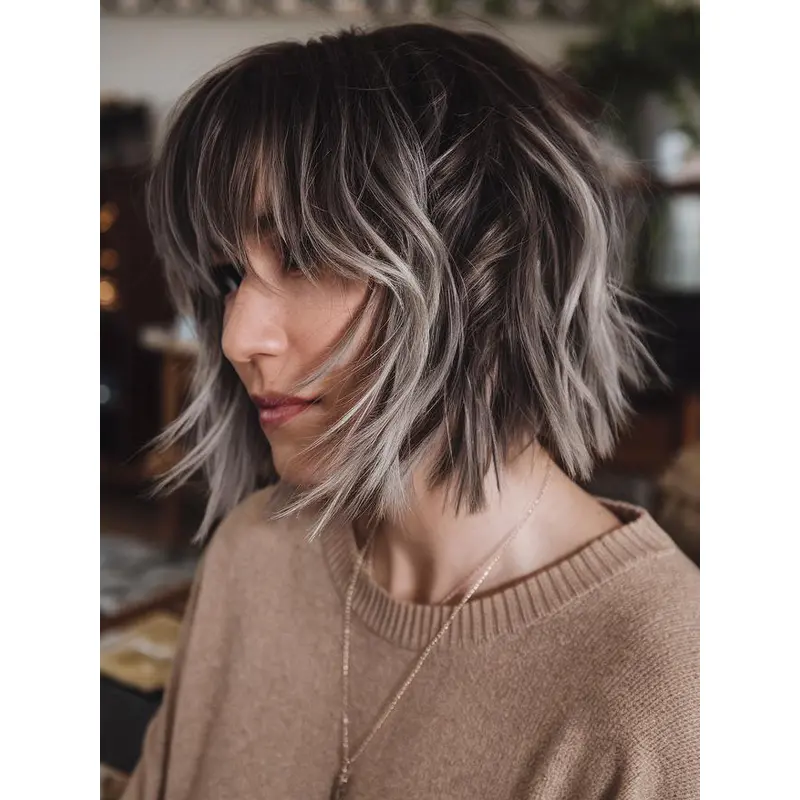 Grey Bob Wig Human Hair 10" Wavy With Bangs Chin Length Wigs