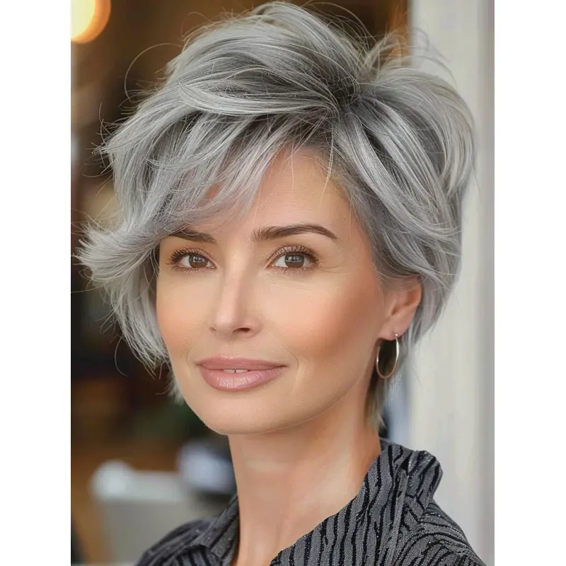 Grey Lace Wig Human Hair Wavy 8" Monofilament Short Wigs