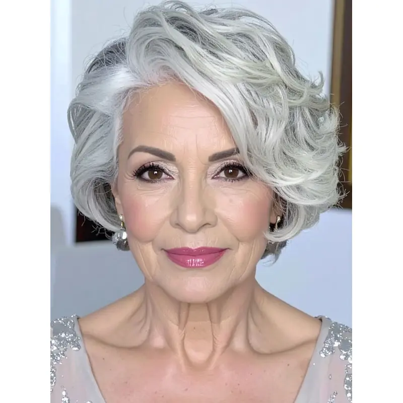 Silver Grey Hair Wig With Bangs Monofilament Synthetic Wavy Wigs
