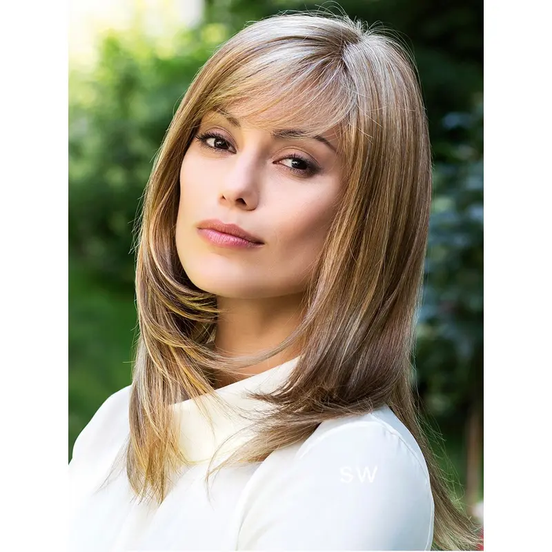 With Bangs Synthetic Blonde Straight 14" Mono Top Wigs
