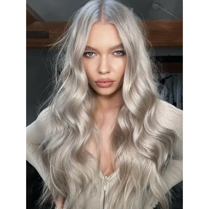 Silver Grey Human Hair Wigs Long Without Bangs Monofilament 22" Wavy Wigs